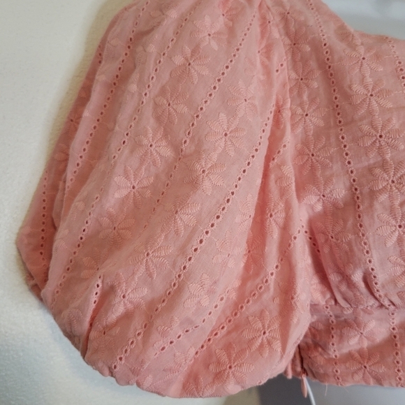 Chicwish pink cottagecore crop top w/puffy sleeves and floral embroidery - Picture 3 of 7